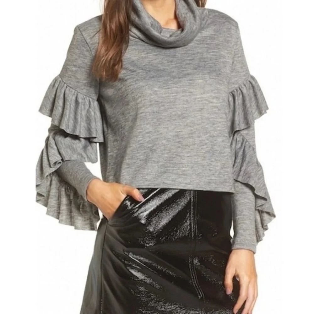 Leith Medium Gray Cowl Neck Raw Hem Ruffled Sleeve Long Sleeve Sweater Sz L